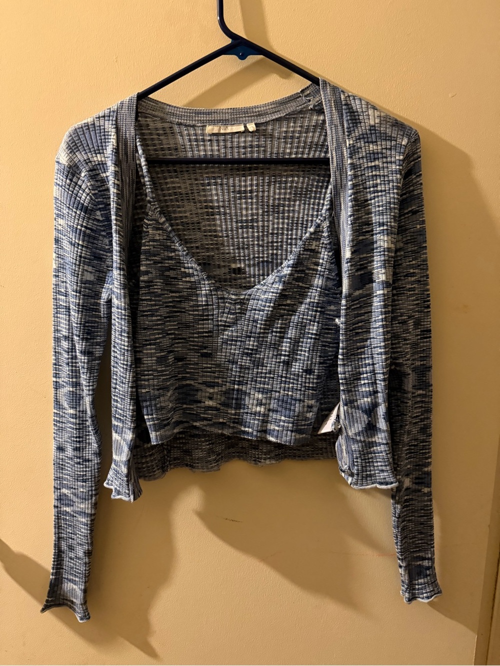 Crop Ribbed V-Neck Long Sleeve Top - Blue
